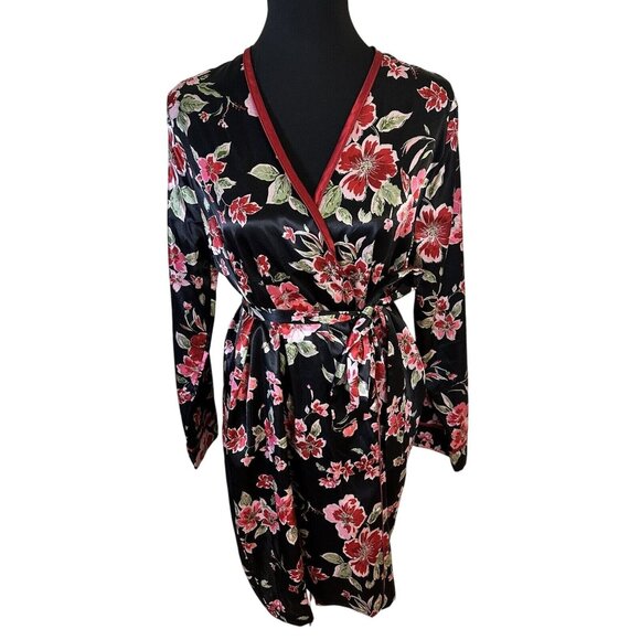 Adonna Womens Black and Red Floral Lightweight Robe Size Medium - Picture 1 of 11